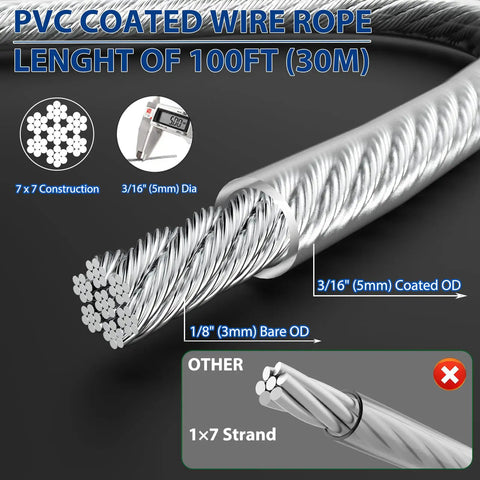 Close-up of Three Sixteenth Inch Wire Rope Clips Kit With One Hundred Feet PVC Coated Galvanized Steel Cable Featuring Seven By Seven Strand Core showing wire details and dimensions.
