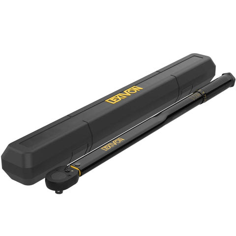 Half-Inch Drive Click Torque Wrench With 25-250 Ft-Lb Range And 33.9-338.9 Nm in protective case, pre-calibrated to four percent accuracy.