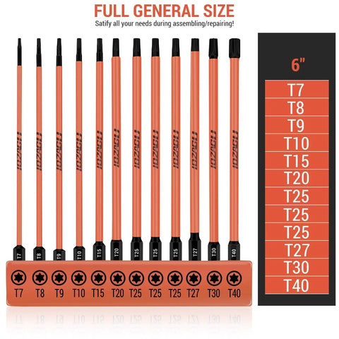 Six Inch Long Torx Bit Set T7 To T40 Magnetic Security Tamper Proof Star Bits with orange protective case