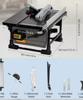 Compact Jobsite Table Saw With An 8 Inch 24 Tooth Blade driven by a 6.7 Amp Pure Copper Motor spinning 3576 Rpm with accessories.