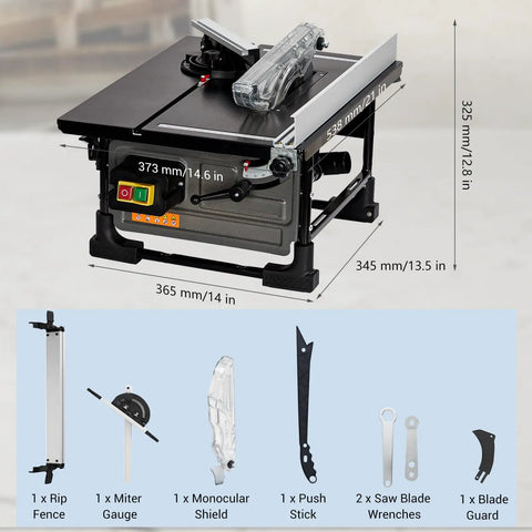 Compact Jobsite Table Saw With An 8 Inch 24 Tooth Blade driven by a 6.7 Amp Pure Copper Motor spinning 3576 Rpm with accessories.