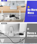 Before and after use of Tool Free No Drill No Screws Under Desk Cable Management Tray With Clamp Keeps Cords Neat In Office Or Home