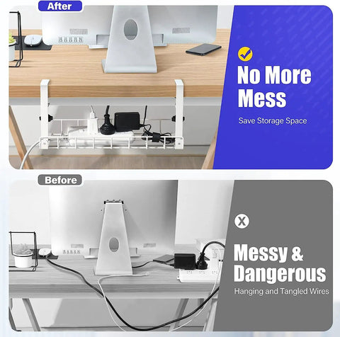 Before and after use of Tool Free No Drill No Screws Under Desk Cable Management Tray With Clamp Keeps Cords Neat In Office Or Home