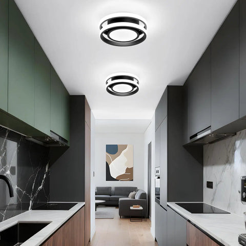 Two Ring Modern LED Ceiling Light Fixture In Black Finish, Creative Dual Ring Design, installed in contemporary kitchen setting