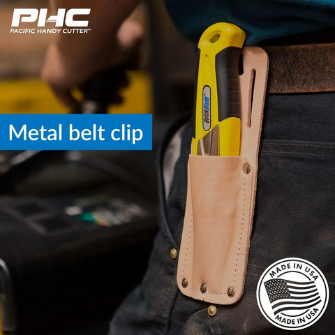 Person wearing tan leather holster with clip for most safety cutters and utility knives, secure belt carry, fits UKH326.