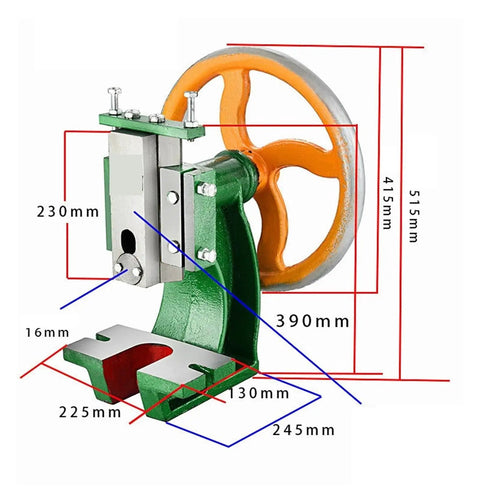 Shop Ready Heavy Duty Manual Arbor Press featuring industrial handwheel operation, solid cast iron base, and detailed measurements.