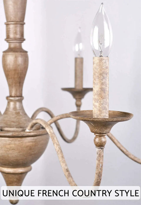 Close-up of Montreal 29 Inch Six Light French Country Chandelier with smoked birch finish showing candle-like bulb holder.