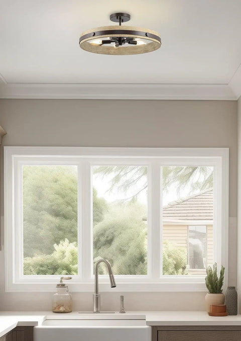 Open Farmhouse Ring Ceiling Light With Distressed Driftwood Wood Finish And Oil Rubbed Bronze Accents, 19 Inch 5 Light Semi Flush Mount