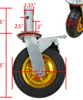Bulletproof 8 Inch Rubber Scaffolding Caster Wheels 4 Pack showing detailed measurements and gold rims with black rubber tires.