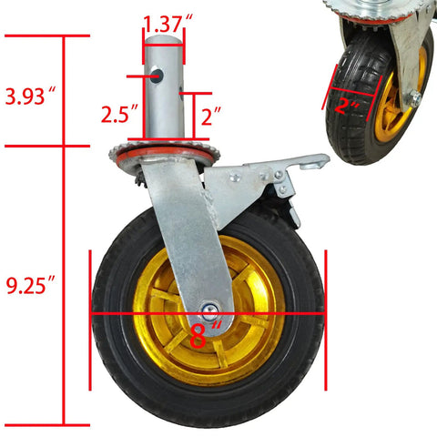 Bulletproof 8 Inch Rubber Scaffolding Caster Wheels 4 Pack showing detailed measurements and gold rims with black rubber tires.