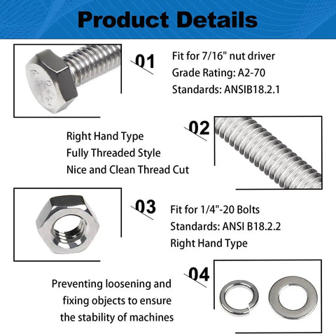 Beefed-Up 1/4x1-1/2 Inch Hex Bolts Kit With 20 Nuts, 20 Flat Washers, And 20 Spring Washers In 304 Stainless Steel SAE Right Hand Threads details