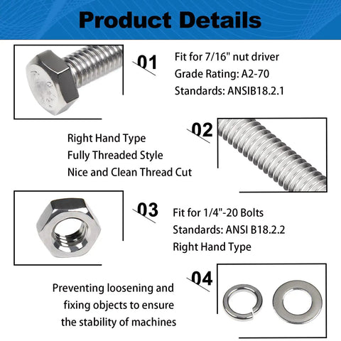 Do It Yourself 1/4-20 Hex Bolts Kit With 15 Two Inch Bolts, 15 Hex Nuts, 15 Flat Washers, And 15 Spring Washers For Quick Repairs And DIY Projects For Home And Workshop Use Or Quick Fixes, 1/4-20 bolt, nut, washer set