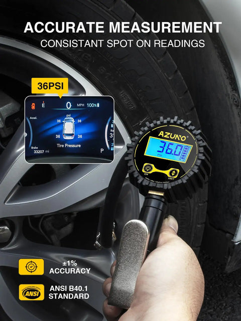 Digital Tire Inflator With Pressure Gauge Pro Grade Heavy Duty Air Compressor Kit 200 PSI in use, showing 36 PSI on display.