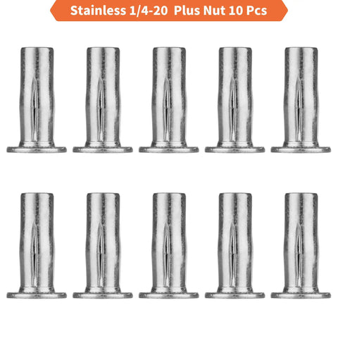 No Nonsense Top Shelf Multi Grip Rivet Nut Installation Tool Kit Featuring Pre Bulbed Shank And Stainless Steel Thread Inserts With Assorted Nuts Step Drill And Hex Wrench For Shop Work, 10 stainless steel 1/4-20 rivet nuts.