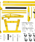Heavy Duty Hydraulic Engine Hoist Cherry Picker Crane Parts including yellow steel components and casters for auto repair.