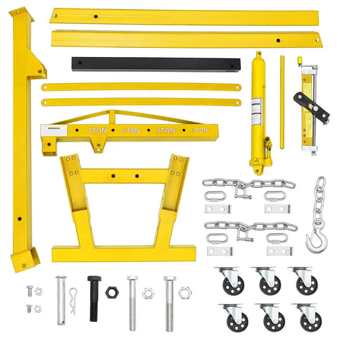 Heavy Duty Hydraulic Engine Hoist Cherry Picker Crane Parts including yellow steel components and casters for auto repair.