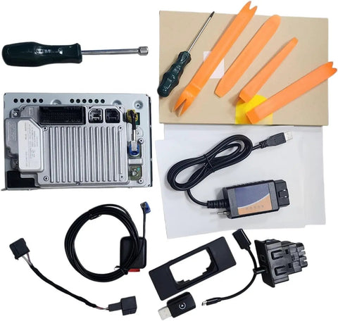 Ford F150 F250 F350 F450 And SUV CarPlay Upgrade Kit With 8 Inch Touchscreen GPS Navigation Wireless CarPlay Sync 3 Upgrade APIM NA223 VIN Pre Programmed For Free Fits Focus Edge Escape Explorer Taurus installation tools and components.