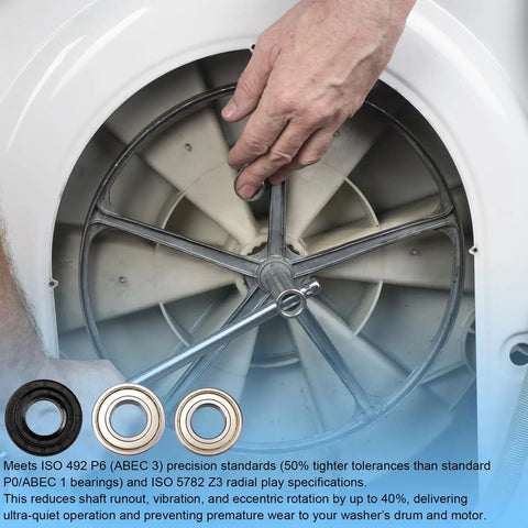 Hand installing Hardcore Washer Tub Bearings And Seal Kit For Samsung WF Series onto washer drum for smooth operation.
