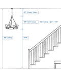 Diagram showing installation of 8 Light White Candle Traditional Chandelier In Polished Brass Finish With 180 Inch Wire in stairway with dimensions.