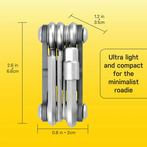 Mini 9 Function Bicycle Tool For Quick On The Go Bike Repairs With Allen Wrenches Two, Two Point Five, Three, Four, Five, Six, And Eight Millimeters, Torx T25, And Phillips Two, Compact Chrome Vanadium Multi Tool In Black And Silver For Riders, shown with dimensions in inches and centimeters, emphasizing ultra-light and compact design.