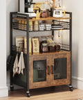 Rustic Brown Coffee Bar Cart on Wheels, 3 Tier Coffee Station Table With Pull Out Wire Basket Drawer, Five Hooks, Cabinet With Two Doors