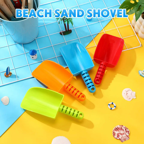 15 Pack 8 Inch Colorful Beach Sand Shovels for Kids Bulk Set displayed on beach-themed background