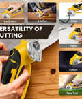 Upgrade Your Workflow With This Badass 4V Cordless Electric Scissors in action, cutting through fabric, leather, cardboard, and paper.