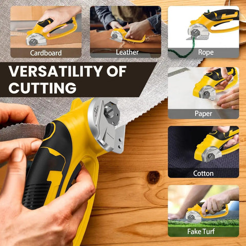Upgrade Your Workflow With This Badass 4V Cordless Electric Scissors in action, cutting through fabric, leather, cardboard, and paper.