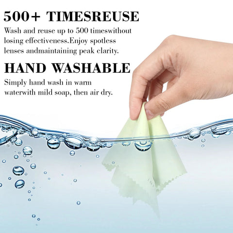 Amazon INFICRIME microfiber glasses cloth, light green, front view being wrung out in water