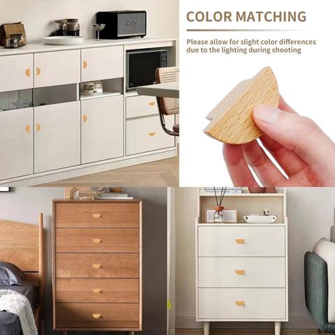2 Inch Semicircle Beech Wood Cabinet Knobs Set Of Six, Minimalist Half Round Drawer Handles For Cabinetry shown with furniture.