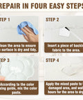 Leather And Vinyl Repair Kit For Furniture And Car Interiors Fix Scratches Tears Holes And Peeling On Couches Purses Jackets With Easy Step By Step Instructions showing four repair steps: cleaning, backing fabric, mixing paste, applying paste.