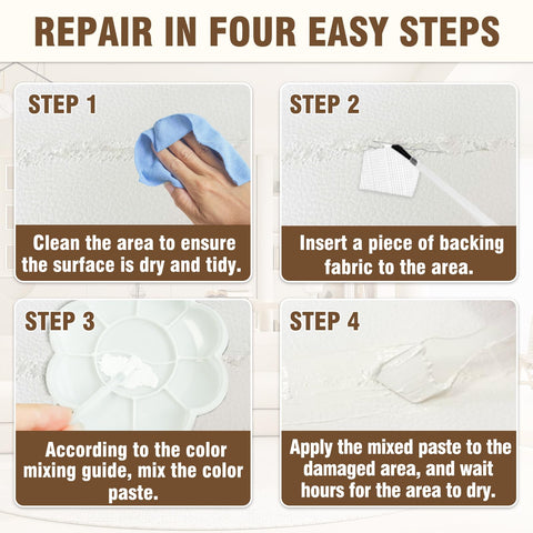 Leather And Vinyl Repair Kit For Furniture And Car Interiors Fix Scratches Tears Holes And Peeling On Couches Purses Jackets With Easy Step By Step Instructions showing four repair steps: cleaning, backing fabric, mixing paste, applying paste.