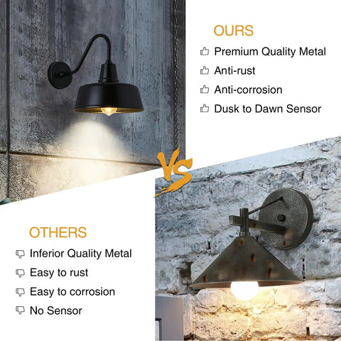 Comparison of Gooseneck Barn Lights Outdoor Dusk to Dawn Sensor for Porch and Garage Black and inferior quality metal lights.