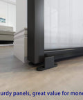 Close-up of floor guide and bottom frame of 72 By 84 Inch Double Glass Barn Door With Frosted Glass And Black Aluminum Frame Sliding Door Hardware Kit