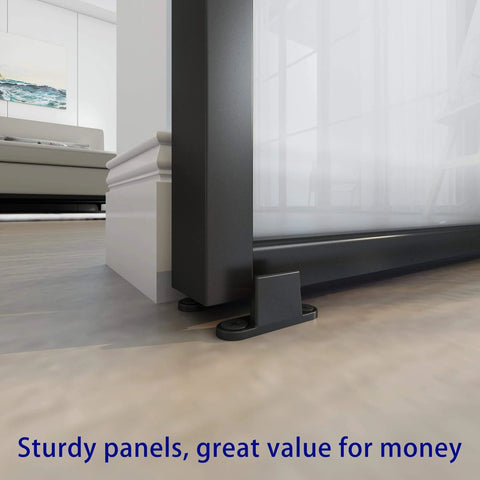 Close-up of floor guide and bottom frame of 72 By 84 Inch Double Glass Barn Door With Frosted Glass And Black Aluminum Frame Sliding Door Hardware Kit