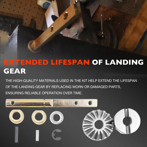 Power Landing Gear Repair Kit For 5th Wheel RV Lead Leg Fits Power Landing Gear Assemblies shown with gear parts and tools.