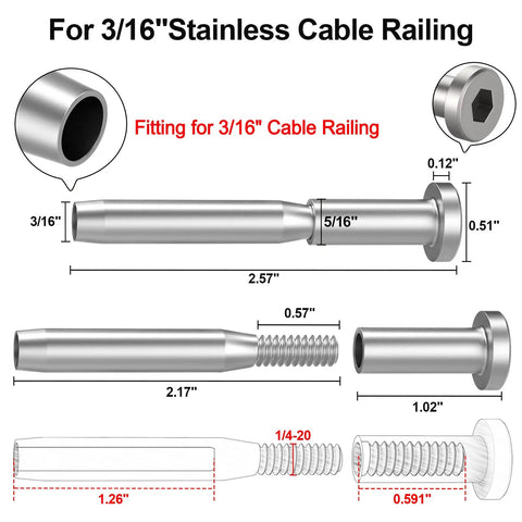 Specifications for Low Profile Invisible Cable Railing Kit For 3/16 Inch Cables With T316 Stainless Receivers And Swage Stud Ends