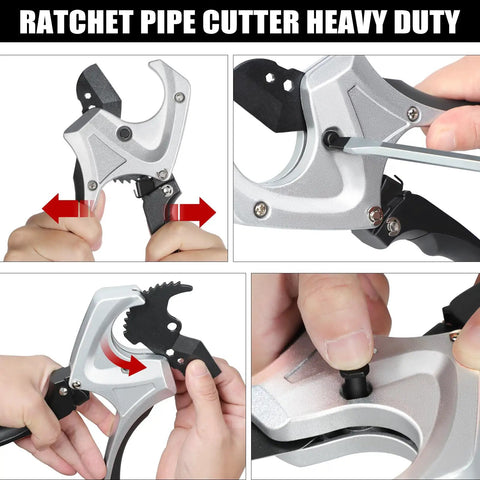 Ratcheting PVC Pipe Cutter With Soft Grip Handle, Cuts Up To 1-5/8 Inch (42mm) showing ratchet mechanism and blade details