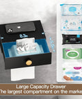 Toilet Paper Holder With Shelf And Wipes Dispenser in Black Stainless Steel with measuring dimensions and wipes storage
