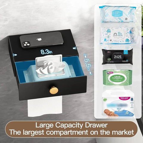 Toilet Paper Holder With Shelf And Wipes Dispenser in Black Stainless Steel with measuring dimensions and wipes storage