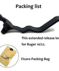 Extended Mag Release Lever For Ruger 10/22 In Black Anodized Aluminum, shown with packaging bag