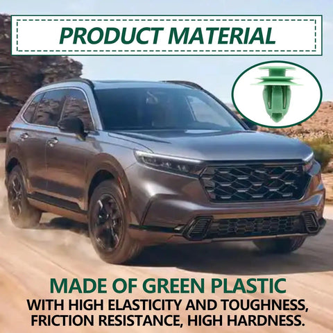Heavy Duty Nylon Door Trim Panel Fasteners 30 Pack Solid Retainer Clips made of green plastic, designed for Honda and Acura vehicles.