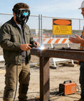 Worker using Automatic Welding Helmet With True Color Lens, Safety Cover, And Air Supply Respirator System in industrial setting