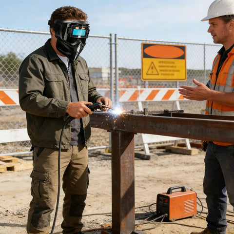 Worker using Automatic Welding Helmet With True Color Lens, Safety Cover, And Air Supply Respirator System in industrial setting
