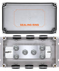 Heavy Duty 500A Bus Bar Tin Plated Copper Junction Block Six M8 Studs Handles interior view with sealing ring detail.