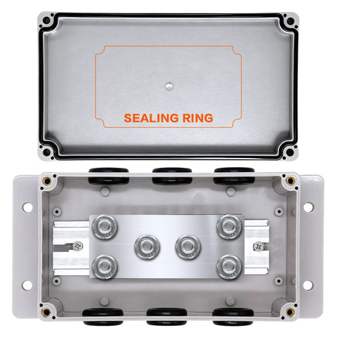 Heavy Duty 500A Bus Bar Tin Plated Copper Junction Block Six M8 Studs Handles interior view with sealing ring detail.