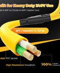 Heavy Gauge Three Foot Y Splitter Converts One NEMA 6-20 Male Plug Into Two Ready To Go Female Outlets So You Can Charge Your EV And Run Workshop Gear Double Quick Without Cord Switching Headaches, showing durable PVC jacket and copper conductors.