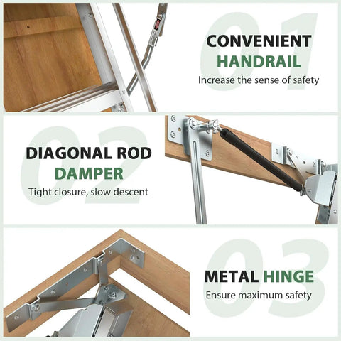 Heavy Duty 10 Ft Aluminum Attic Ladder Pull Down System For 54 By 25 Inch Opening Drop Down Hidden Attic Stairs With 350 Pound Load Fits 7 Foot 8 Inch To 10 Foot 3 Inch Ceilings Durable Pine Side Panels. Handrail and hinge details