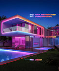 Addressable RGB LED Strip With WS2811 IC In Lit Dream Color 16.4Ft 60LED Per Meter 20 Pixels Per Meter IP65 Black PCB UL Listed Flexible DC12V Chasing Effects For Indoor Home Decor 3M Tape No Adapter Or Controller Included lighting up modern house exterior with pool and gardens.