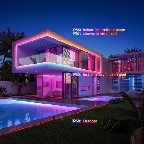 Addressable RGB LED Strip With WS2811 IC In Lit Dream Color 16.4Ft 60LED Per Meter 20 Pixels Per Meter IP65 Black PCB UL Listed Flexible DC12V Chasing Effects For Indoor Home Decor 3M Tape No Adapter Or Controller Included lighting up modern house exterior with pool and gardens.